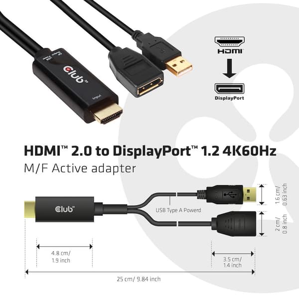 CLUB3D HDMI 2.0 TO DISPLAYPORT 1.2 4K60HZ HDR M/F AKTIV ADAPTER Svart