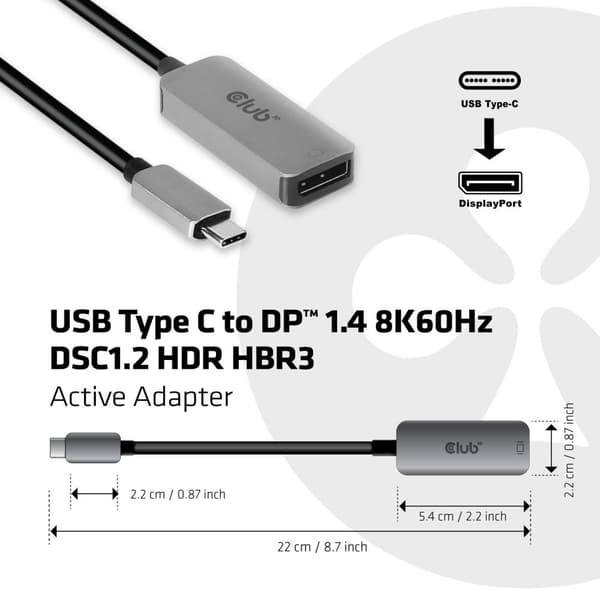 Club 3D USB Typ C till DP 1,4 8K60Hz DSC1,2 HDR HBR3 Active Adapter, CAC-1567