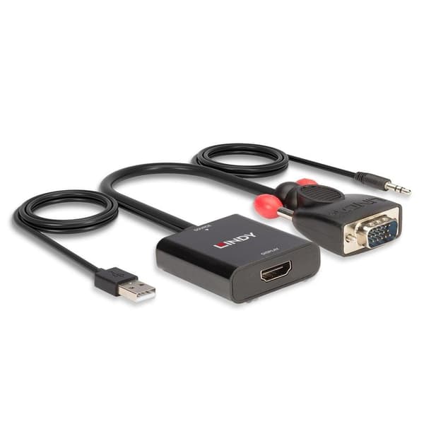 Lindy - Videoadapter - HD-15 (VGA), Stereo Mini-jack, USB (endast ström) Hane till Mini-Hane, HDMI Hona - 60cm - Svart
