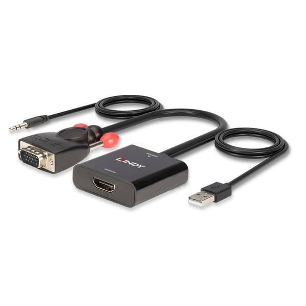 Lindy - Videoadapter - HD-15 (VGA), Stereo Mini-jack, USB (endast ström) Hane till Mini-Hane, HDMI Hona - 60cm - Svart