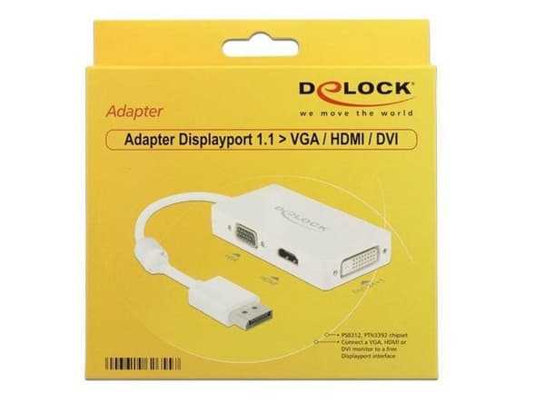 DeLOCK Premium DisplayPort 1.1a til HDMI, DVI og VGA adapter / hvid - 0,15 meter