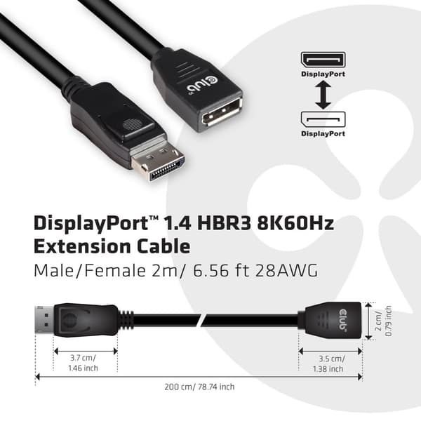 Club 3D - DisplayPort forlængerkabel - DisplayPort (M) til DisplayPort (W) - DisplayPort 1.4 - 2 m - 8K support