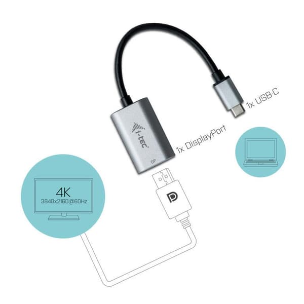 i-tec USB-C til DisplayPort metaladapter 60Hz, 1x DisplayPort 4K Ultra HD, kompatibel med Thunderbolt 3