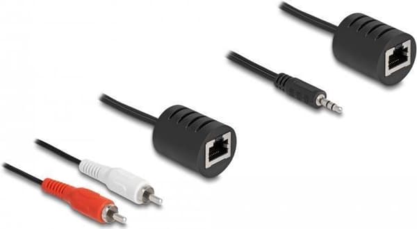 Delock Stereo Audio Extender RJ45-stik til 3,5 mm jackstik og RJ45-stik til 2 x cinch-stik Cat.5 op til 50 m sæt 2 stk (87859)