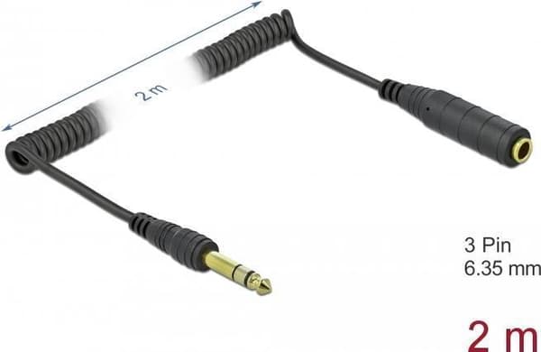 Delock spiralkabel forlænger 6,35 mm 3 pin jack stik til jack stik 2 m sort (85938)