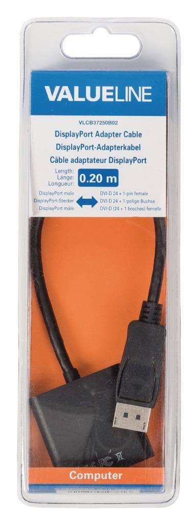 Valueline VLCB37250B02 Displayport Adapter Kabel Displayport Hane - Dvi-d 24 + 1 Pin Hona 0,20 M Svart