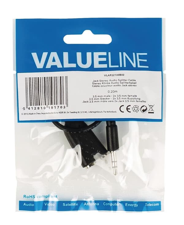 Valueline VLAP22100B02 Jack Stereo Audio Splitter-kabel 3,5 mm hane - 2x 3,5 mm hona 0,20 M svart