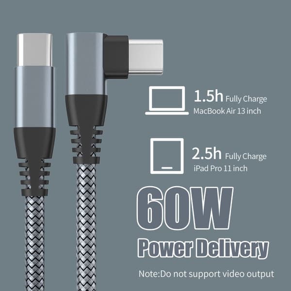 INF USB-C lader med vinklet kontakt 60 W hurtiglading Grå 2 m