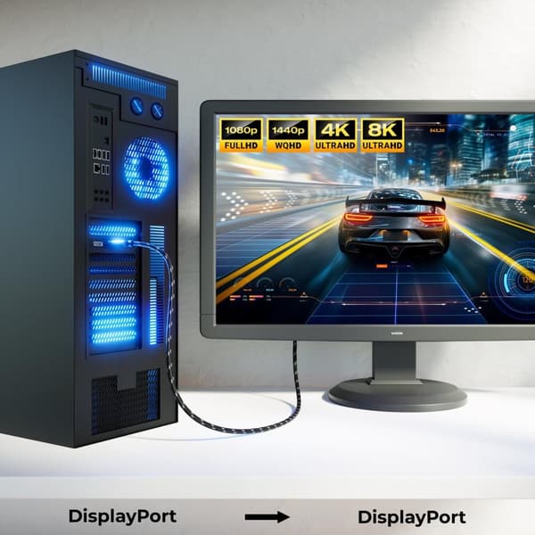 NORDIC-SERTIFISERT KABLER 1m nylonflettet Displayportkabel 1,4 UHD 8K60Hz 4K144Hz HBR3 32,4Gbps 10-bit HDR