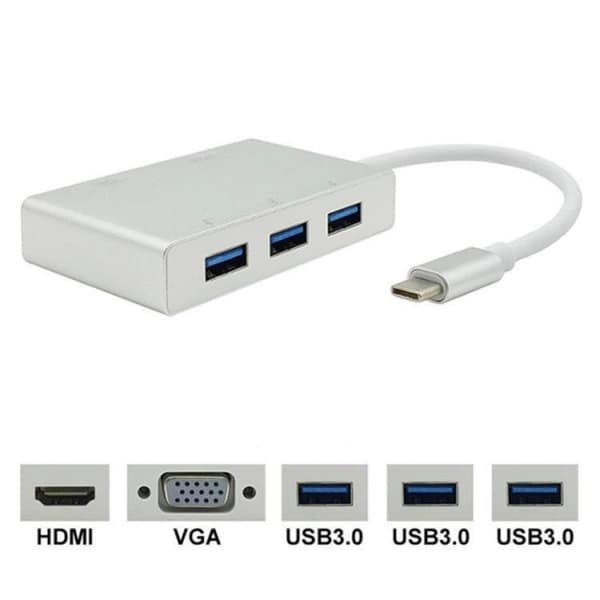 5-in-1 USB-C till HDMI, VGA, 3xUSB-A Hubb - Vit