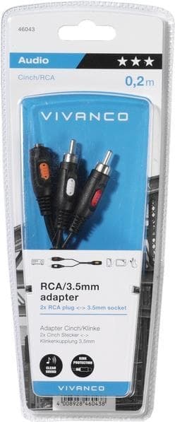 Vivanco adapterkabel, a) fra 2x RCA-stik, b) til 1x jackstik 3,5 mm, stereo, 0,2 meter (46043)