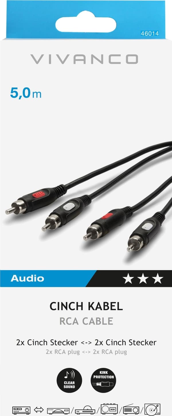 Vivanco tilslutnings-/forbindelseskabel, a) fra 2x RCA-stik, b) til 2x RCA-stik, 5 meter (46014)