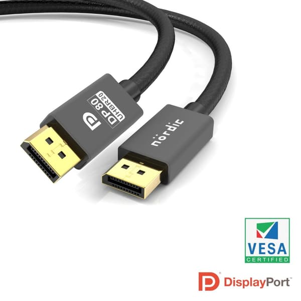 NORDIC-SERTIFISERT KABLER 1m VESA-sertifisert nylonflettet Displayport 2.1-kabel DP80 UHBR20 80Gbps 16/10/8K60H 4K165/144Hz DSC1.2a HDR HDCP2.2 FreeSy