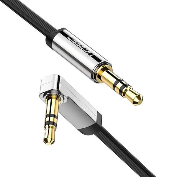 CABLU audio Ugreen, "AV119" stereo (3.5 mm jack T/T), conectori auriti, design slim, unghi 90 grade la un capat, 2m, negru "10599" (timbru verde 0.18