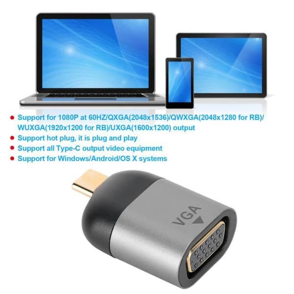 Typ C till Vga Adapter - Qiilu - Video Converter - 1080P Output - Windows / Android Support