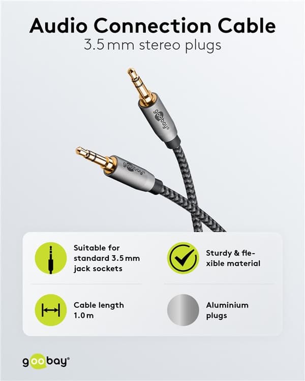 Audioliitäntäkaapeli AUX, 3,5 mm stereo, 1 m