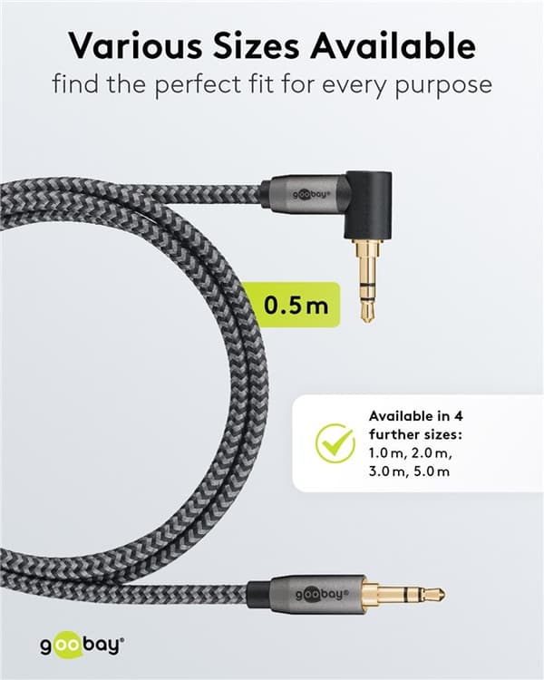 Audiotilslutningskabel AUX, 3,5 mm stereo, 90°, 0,5 m