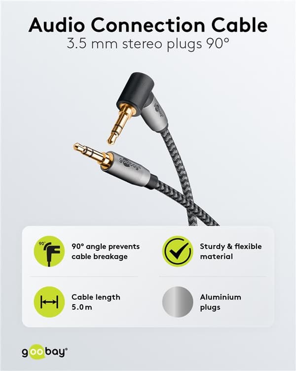 Audiotilslutningskabel AUX, 3,5 mm stereo, 90°, 5 m