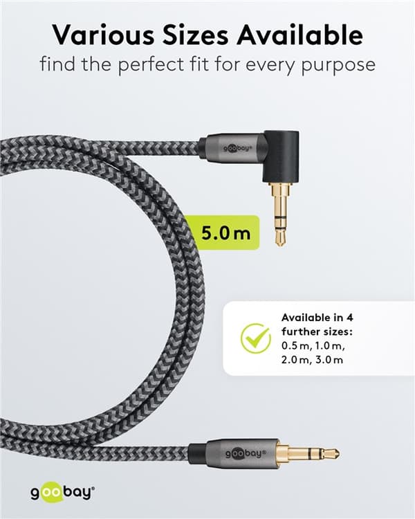 Audiotilslutningskabel AUX, 3,5 mm stereo, 90°, 5 m