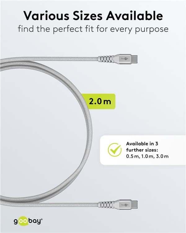 USB-C™ supermyk tekstilkabel med metallkontakter, 2 m, hvit