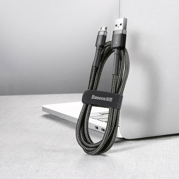 Slitstark flexibel kabel USB microUSB QC3.0-kabel 2,4A 0,5M svart och grå