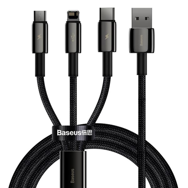 3i1 USB kabel USB-C Iphone Lightning microUSB 3,5 A 1,5 m sort