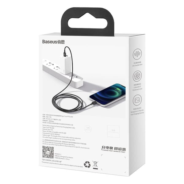 Superior USB-C Iphone Lightning kabel til hurtig opladning 20W 1m sort