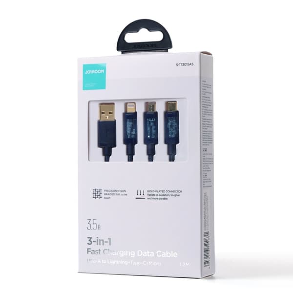 3-i-1 kabel USB - USB-C / Lightning / micro USB 3,5 A 1,2 m blå