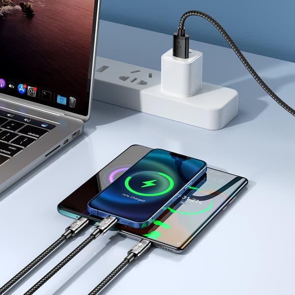 3-i-1 kabel USB - USB-C / Lightning / micro USB 3,5 A 1,2 m blå