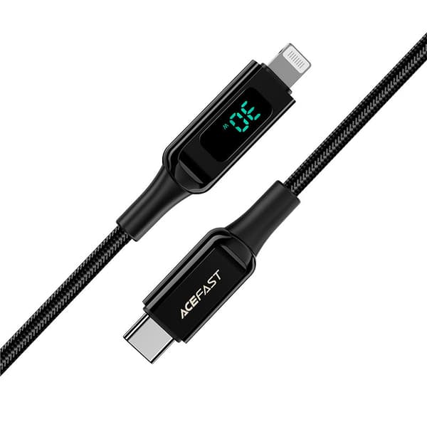 Flettet kabel med LED-skærm til iPhone MFI USB-C - Lightning 1,2m 30W 3A sort