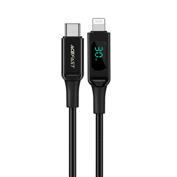 Flettet kabel med LED-skærm til iPhone MFI USB-C - Lightning 1,2m 30W 3A sort