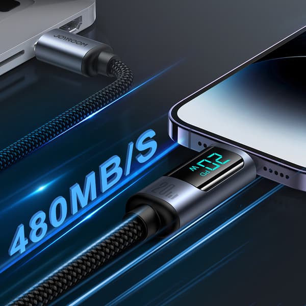 Kabel til iPhone med LED Lightning display - USB-C 2.4A 1.2m sort
