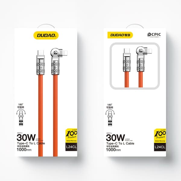Stærkt vinklet kabel til iPhone USB-C - Lightning 30W 1m 180 rotation orange