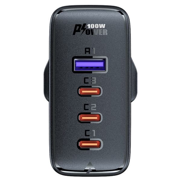 2i1 GaN kabel og hurtigoplader, engelsk UK stik, 100W PD 3x USB-C USB sort
