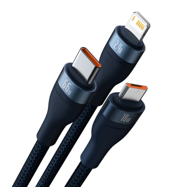 3-i-1 kabel hurtigopladningskabel USB-A til USB-C microUSB Lightning 66W 480Mb/s 1,2m blå