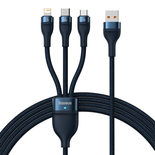 3-i-1 kabel hurtigopladningskabel USB-A til USB-C microUSB Lightning 66W 480Mb/s 1,2m blå