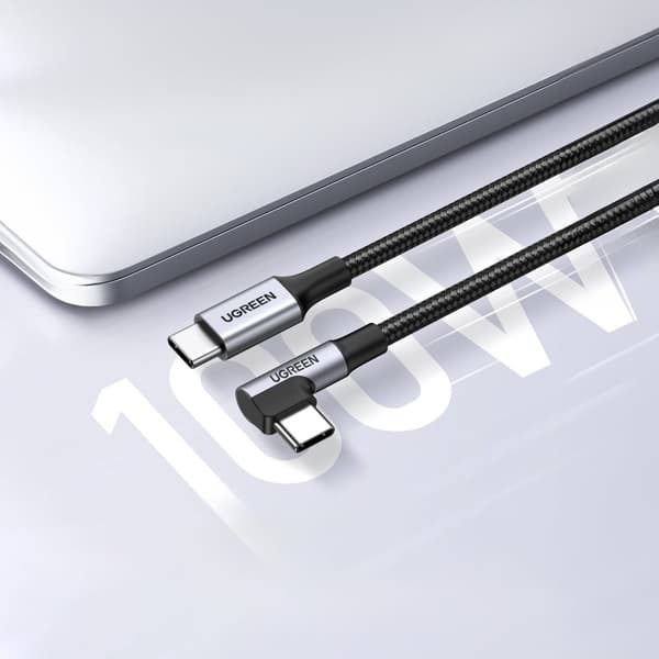 Flätad vinklad USB-C-kabel 480Mb/s, 2m, svart och grå