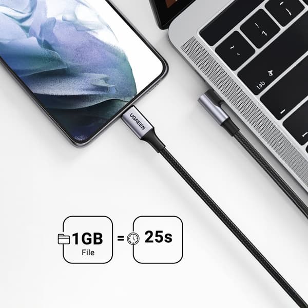 Flätad vinklad USB-C-kabel 480Mb/s, 2m, svart och grå