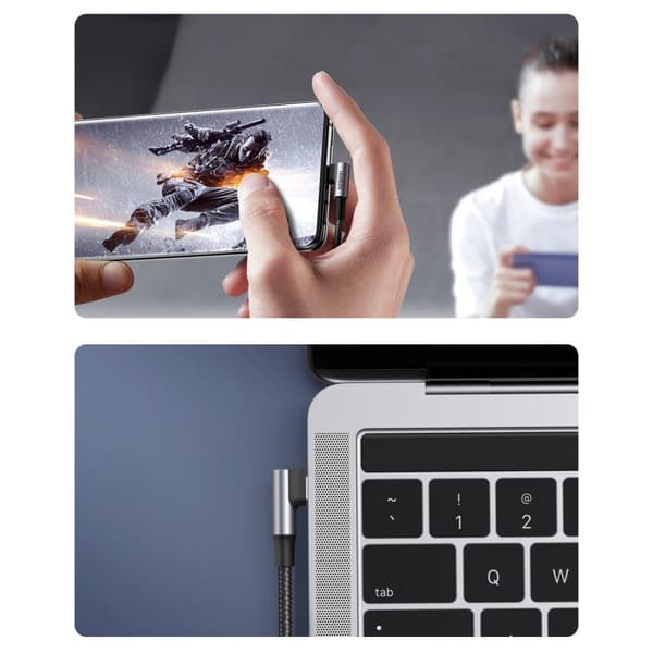 Flätad vinklad USB-C-kabel 480Mb/s, 2m, svart och grå