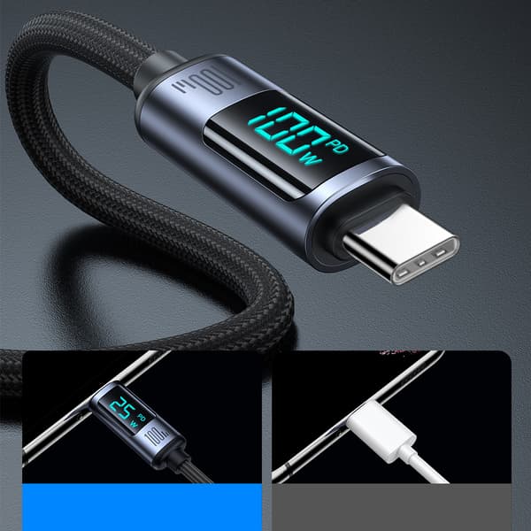 USB-C kabel med LED display 100W 1,2m sort