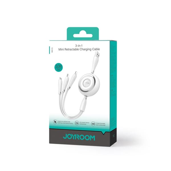 3in1 Colorful Series USB-A-USB-C / iPhone Lightning / microUSB sisäänvedettävä kaapeli 1m valkoinen