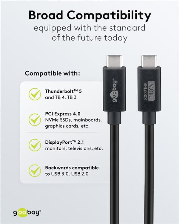 USB-C™-kaapeli, USB4™-versio 2.0, 240 W, 80 Gbit/s, virransyöttö, 1,2 m