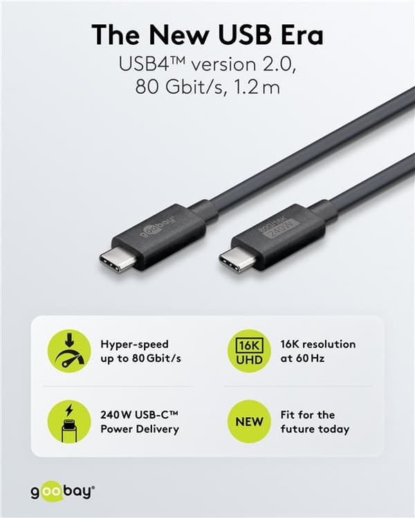 USB-C™-kaapeli, USB4™-versio 2.0, 240 W, 80 Gbit/s, virransyöttö, 1,2 m