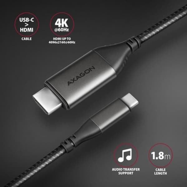 AXAGON RVC-HI2MC USB-C till HDMI 2.0-adapter, 4K/60Hz, aluminium - 1,8 m - 8595247907158
