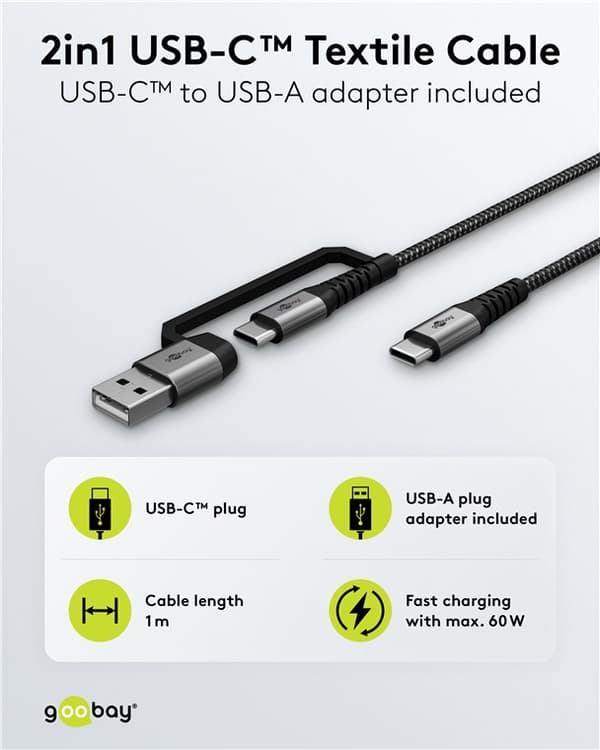 2in1 USB-textilkabel, rymdgrå/silver, m