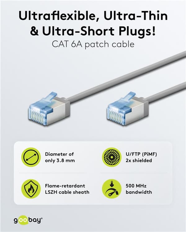 Ultraflexibel patchkabel CAT 6A, slim, U/FTP, grå