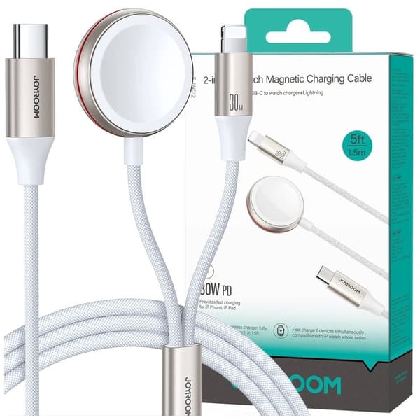 Joyroom 2 i 1 lightning-kabel og induktiv lader for Apple Watch 1,5 m hvit (S-IW011)