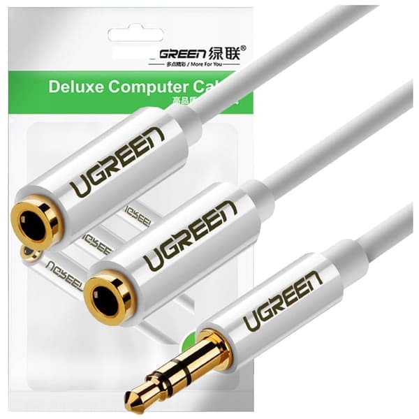 Ugreen Cable Headphone Splitter Mini Jack 3,5 mm - 2 x Mini Jack 3,5 mm (2 x Stereo Output) 20 cm Hvit (AV134)