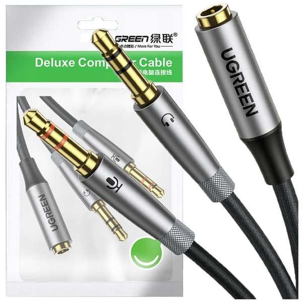 Ugreen AUX splitterkabel 3,5 mm minikontakt (hun) - 2x 3,5 mm minikontakt (hann - mikrofon og hodetelefoner) sølv (AV193 50255)