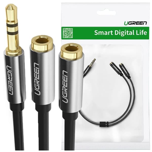 Ugreen AV123 hodetelefonkabel 3,5 mm minijack (hann) - 2x 3,5 mm minijack (hun) - svart